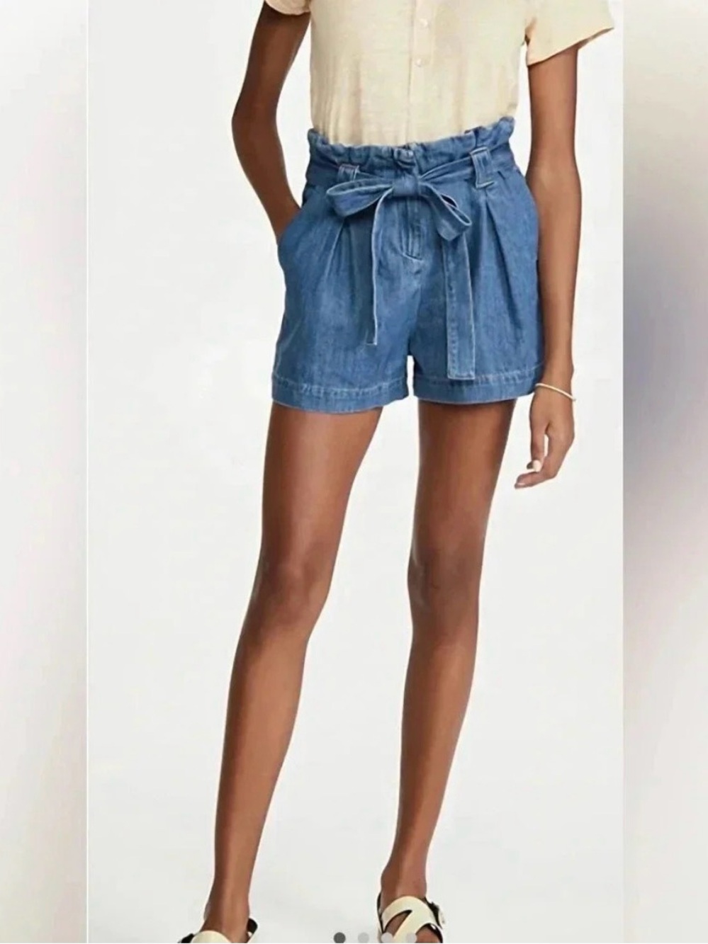 L'AGENCE Light Blue Paperbag Tie-Waist Denim Shorts